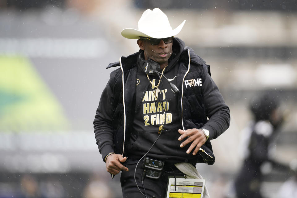 Colorado head coach Deion Sanders looks on during the first half of the team's spring NCAA college football game Saturday, April 22, 2023, in Boulder, Colo. (AP Photo/David Zalubowski)