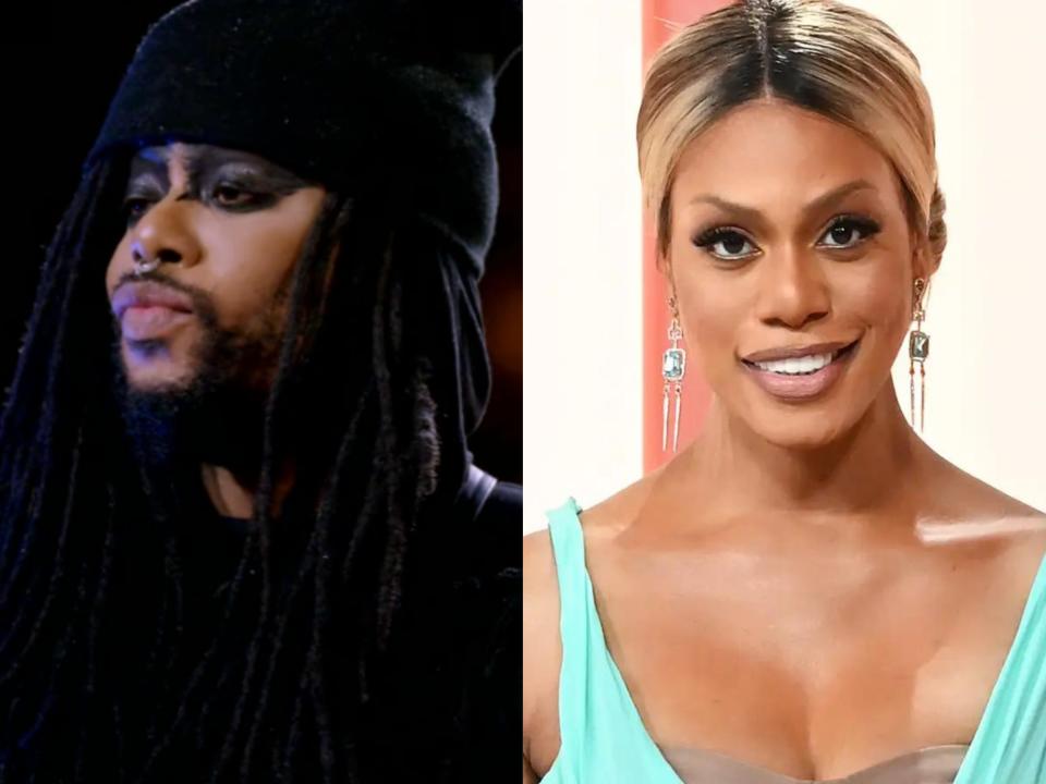 left: m lamar, a person with long hair, trimmed facial hair, heavy eye makeup, and a black beanie; right: laverne cox in a teal dress with her hair pulled back, smiling