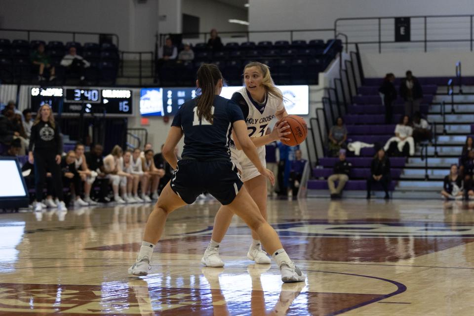 Holy Cross sophomore guard Grace Munt is defend by New Hampshire's Adara Groman.