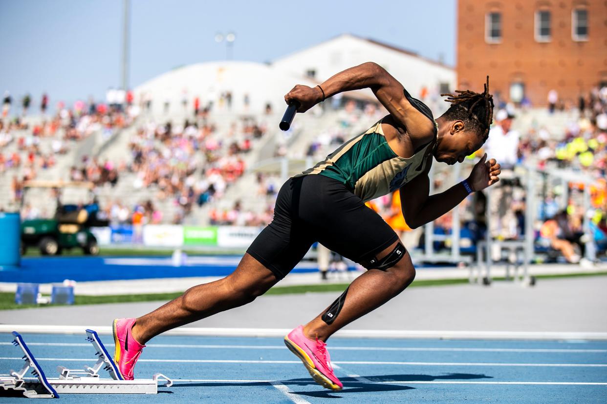 Iowa City West's Todd Rent, seen here at the 2023 state meet, will hope to bring home a title in the 4x100 at the Drake Relays this week.