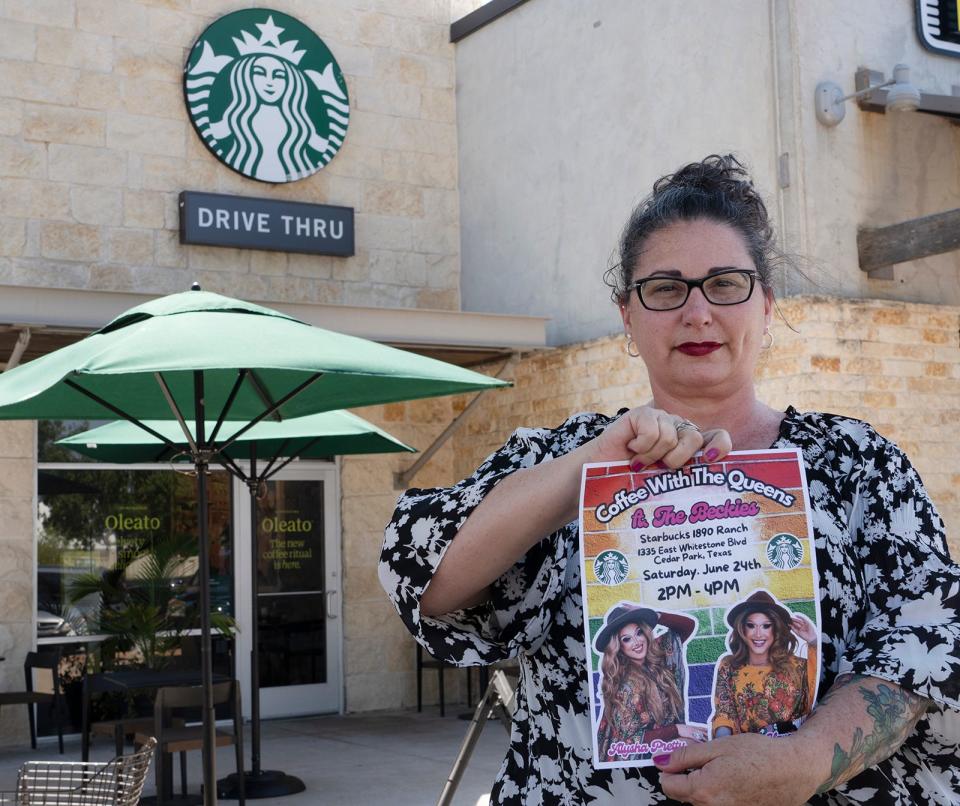 Kelley Holiday, the Cedar Park Pride board secretary, holds a poster promoting a "Coffee with the Queens" event that was canceled by the Starbucks in Cedar Park off Whitestone Boulevard. "I was planning to attend the event," Holiday said.