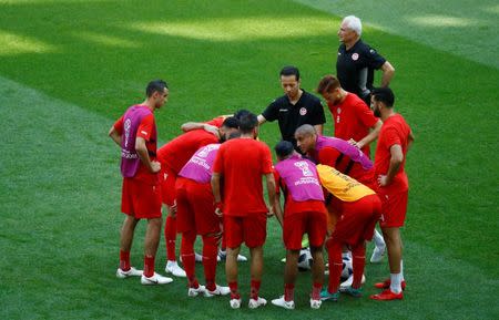 Soccer Football - World Cup - Group G - Belgium vs Tunisia - Spartak Stadium, Moscow, Russia - June 23, 2018 Tunisia players during the warm up before the match REUTERS/Kai Pfaffenbach