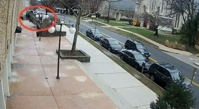 The Audi plunges to the footpath. Source: YouTube/Official Baltimore County Police & Fire