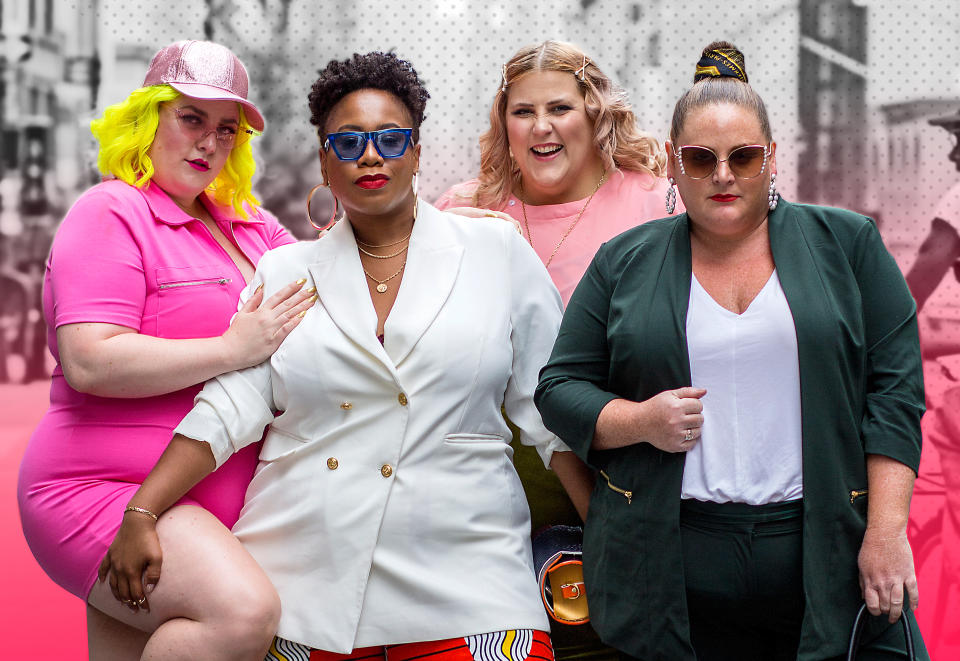 <p>Margie Ashcroft, Kelly Augustine, Meaghan O’Connor und Anna O’Brien posieren im Fashion-Forward-Statement-Look außerhalb der CURVYcon. (Foto: Harald Austad) </p>