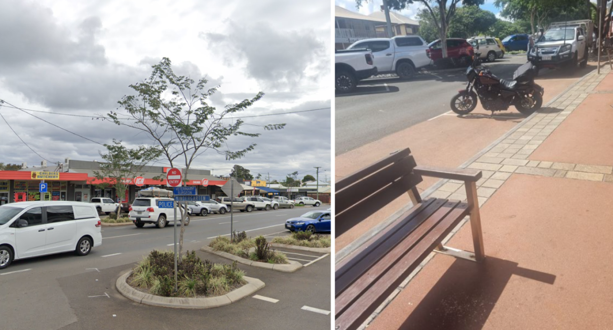 A street view in Childers (let) and the motorcycle in the parking spot (right).