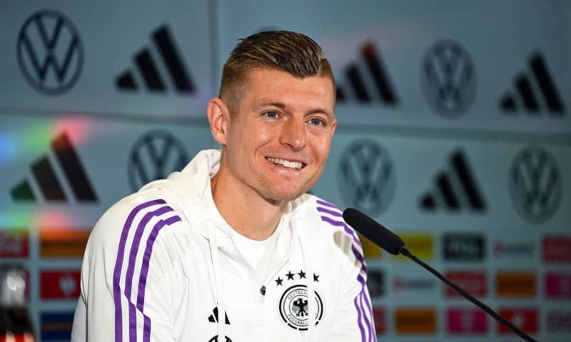 Germany's Toni Kroos attends a press conference for the team at DFB Campus, ahead of the friendly soccer matches against France and Netherlands. Arne Dedert/dpa