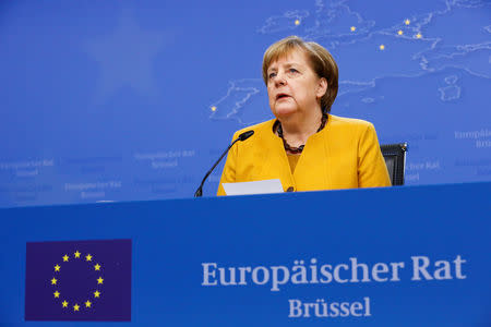 German Chancellor Angela Merkel holds a news conference after a European Union summit in Brussels, Belgium March 22, 2019. REUTERS/Eva Plevier