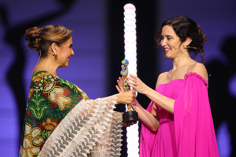 Governor of the State of Quintana Roo Mara Lezama and President of the Community of Madrid Isabel Díaz Ayuso during the 11th edition of Premios Platino at Xcaret on April 20, 2024 in Riviera Maya, Mexico.