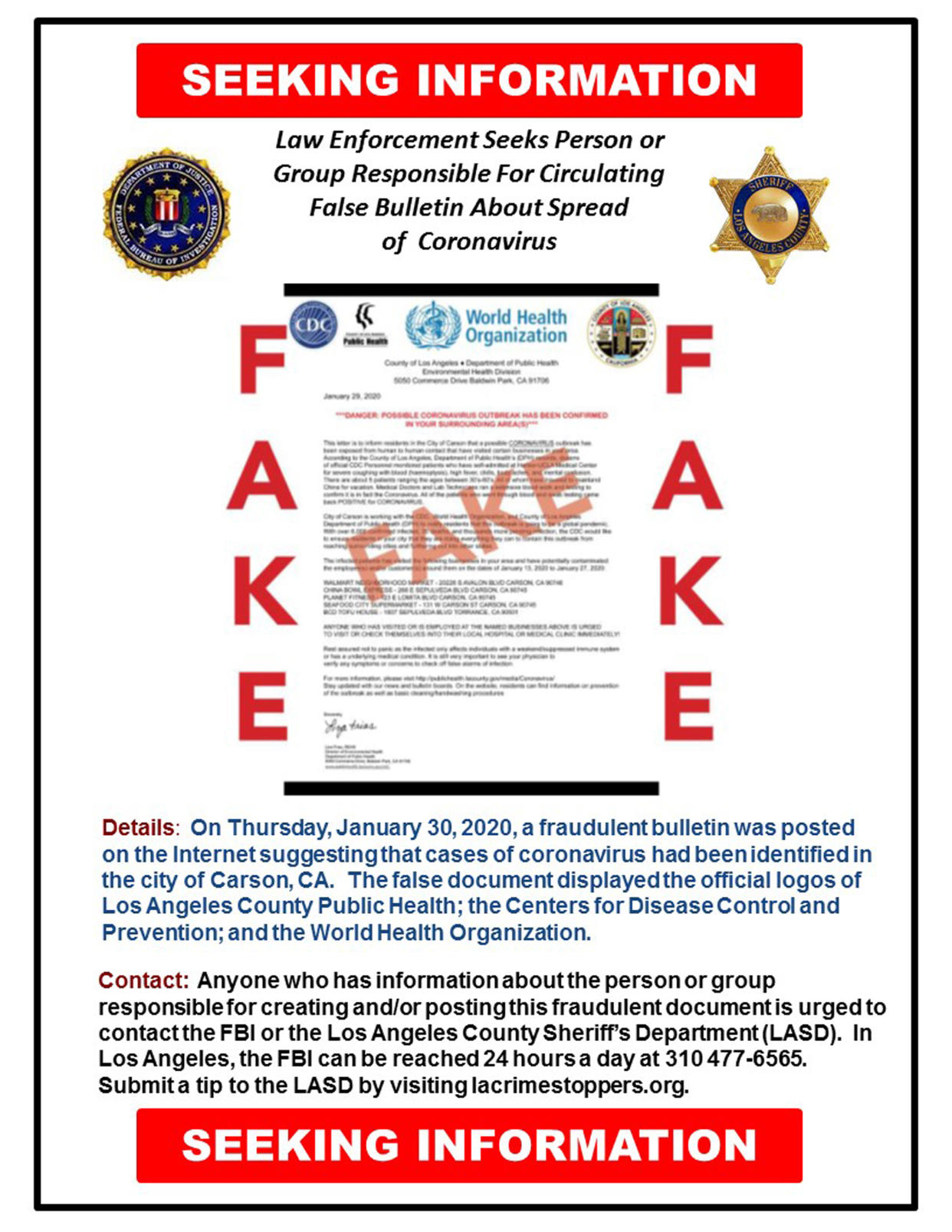 This image posted on the FBI Twitter page, on Tuesday, Feb. 11, 2020, shows a fake document that was posted online, that the FBI and Los Angeles County Sheriff's Department are investigating. The realistic-looking document, asserting the novel coronavirus was detected in the city of Carson, Calif, had the official logos of Los Angeles County Public Health, the Centers for Disease Control and Prevention and the World Health Organization, and has been strongly denounced by local officials. (FBI via AP)  (FBI via AP)