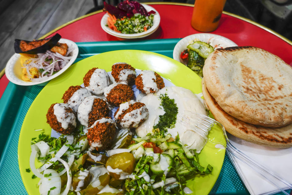 A big falafel platter in Tel Aviv.