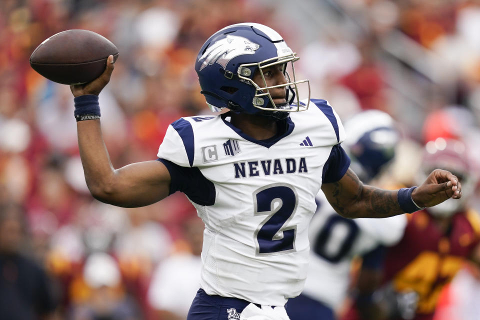 Nevada quarterback Brendon Lewis throws the ball during the first half of an NCAA college football game against Southern California, Saturday, Sept. 2, 2023, in Los Angeles. (AP Photo/Ryan Sun)