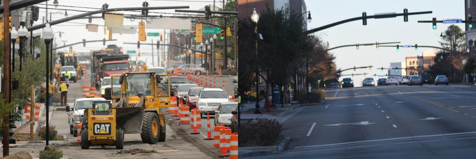 A view looking up Third St. in downtown Wilmington in 2012, left, and in 2022. The road was undergoing the North Third Street project in 2012. between Market and Harnett streets.    [MATT BORN/STARNEWS]