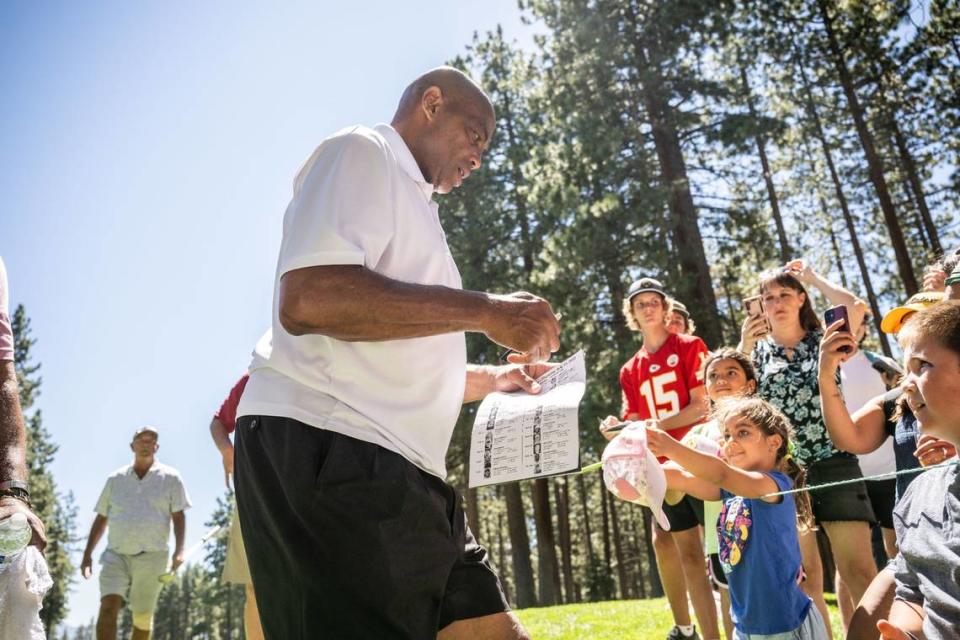 NBA Hall of Famer Charles Barkley signs autographs on Thursday, July 13, 2023 during the final practice round for the American Century Championship celebrity golf tournament at Edgewood Tahoe Golf Course in Stateline, Nev.