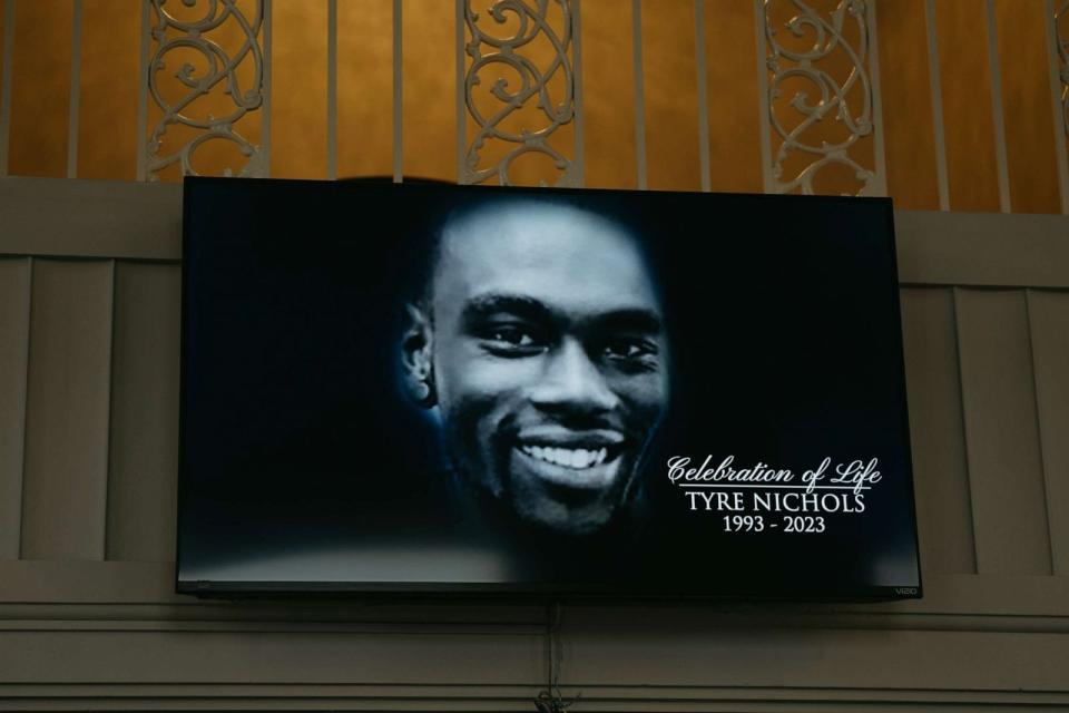 PHOTO: A screen at the entrance of Mississippi Boulevard Christian Church displays the celebration of life for Tyre Nichols on Feb. 1, 2023 in Memphis, Tenn. (Lucy Garrett/Getty Images, FILE)