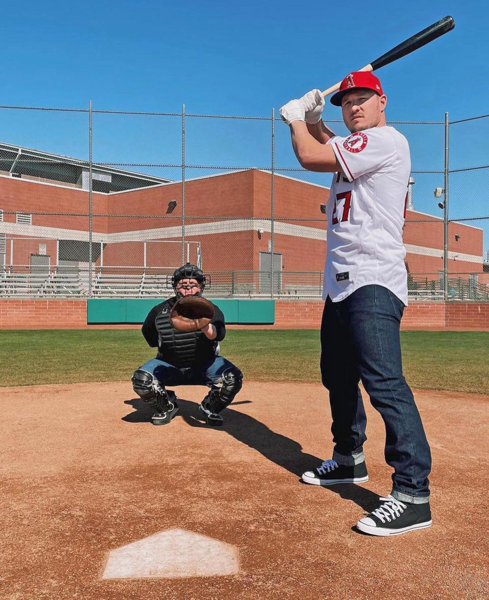 Mike Trout and Patrick Renna await the pitch. (@miketrout via Instagram)