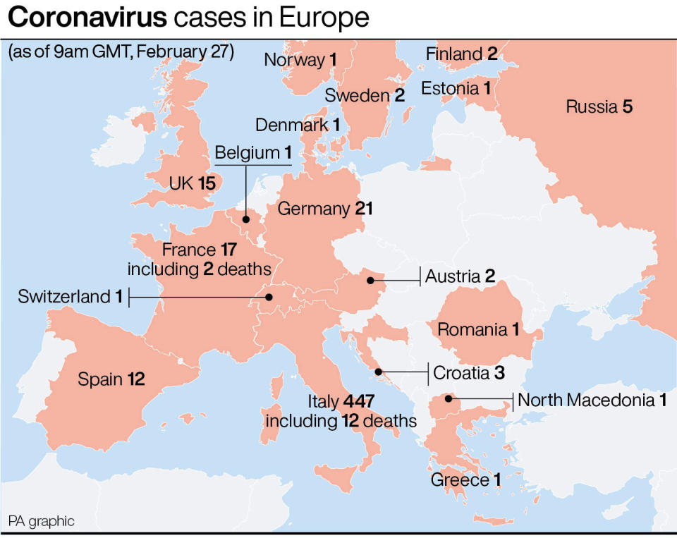 Coronavirus cases in Europe. See story HEALTH Coronavirus. Infographic PA Graphics