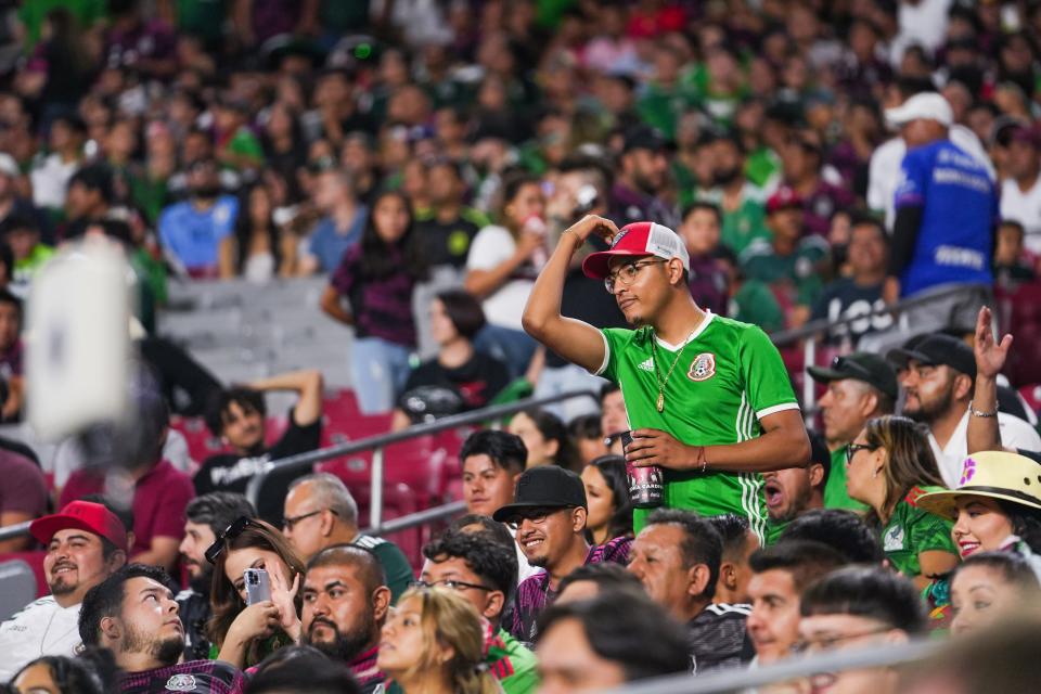 A Mexico fan airs his frustration as his team trails by three goals during the second half between Mexico and Uruguay at State Farm Stadium on Thursday, June 2, 2022, in Glendale.