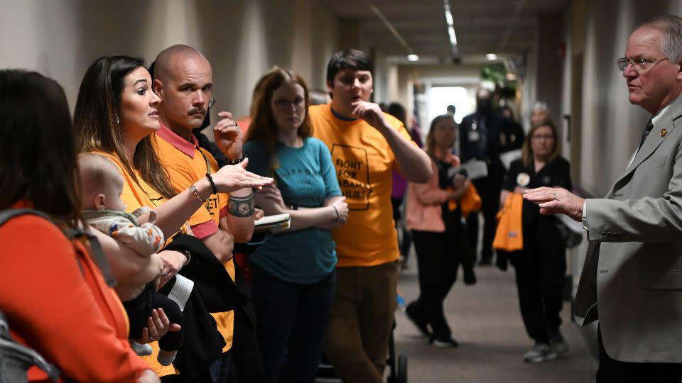 Rachel Quattlebaum speaks with lawmakers accompanied by the group "Fight for Alabama Families" in support of legislation safeguarding IVF treatments on Wednesday in Montgomery. - Julie Bennett/Reuters