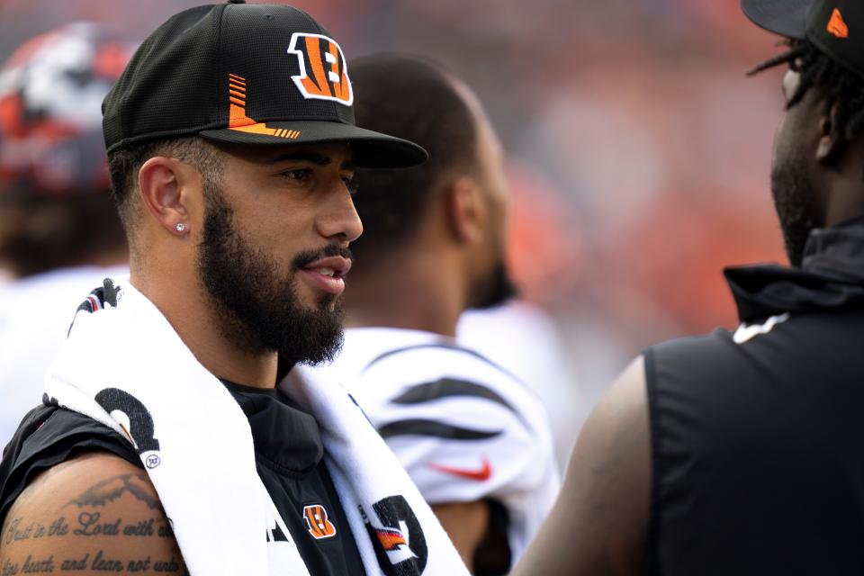 Aug 27, 2022; Cincinnati, Ohio, USA; Cincinnati Bengals safety Jessie Bates III (30) stands on the sidelines before the NFL preseason game between the Cincinnati Bengals and the Los Angeles Rams at Paycor Stadium. Mandatory Credit: Albert Cesare-USA TODAY Sports 