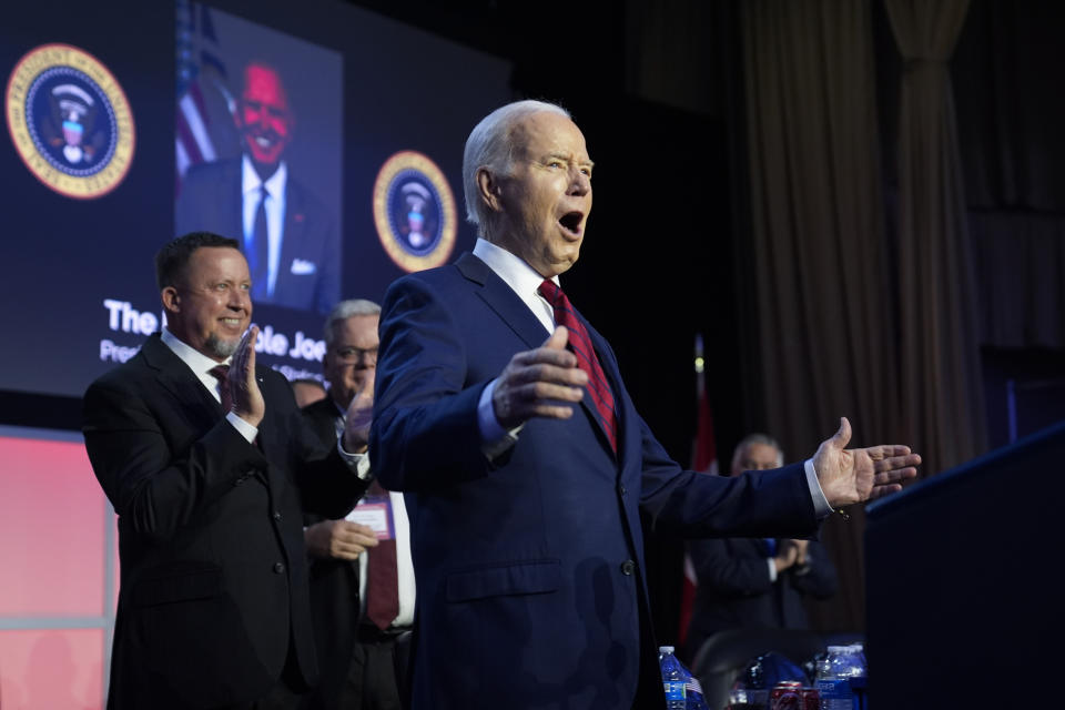 President Joe Biden arrives to speak to the North America's Building Trade Union National Legislative Conference, Wednesday, April 24, 2024, in Washington. (AP Photo/Evan Vucci)