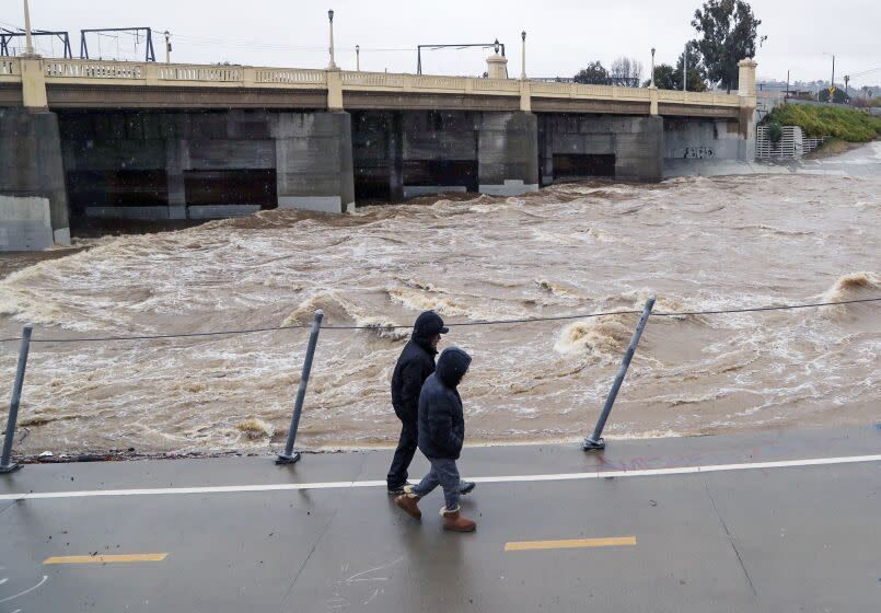 LOS ANGELES, CA - FEBRUARY 25: Pedestrians walk along the Los Angeles River in the Frogtown neighborhood on Saturday, Feb. 25, 2023 in Los Angeles, CA. (Brian van der Brug / Los Angeles Times)