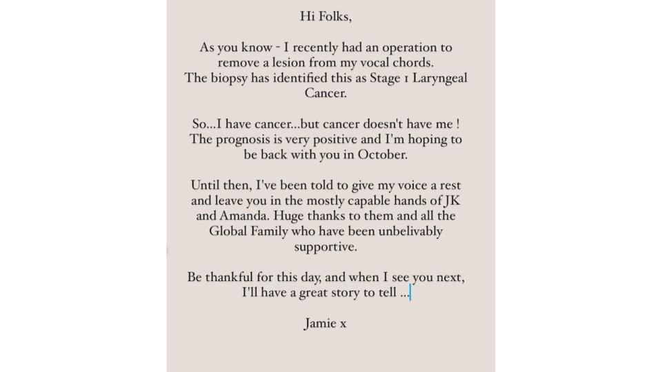 jamie's cancer diagnosis statement 