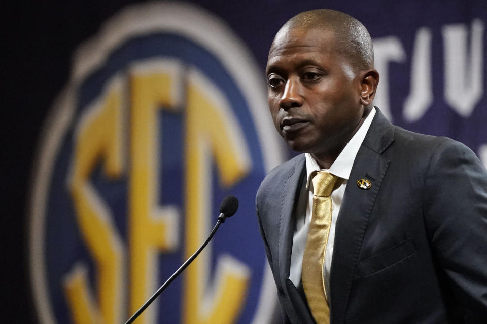 Missouri NCAA college basketball head coach Dennis Gates speaks during Southeastern Conference Media Days, Wednesday, Oct. 18, 2023, in Birmingham, Ala. (AP Photo/Mike Stewart)