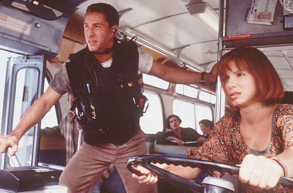 Keanu Reeves and Sandra Bullock in the movie "Speed."