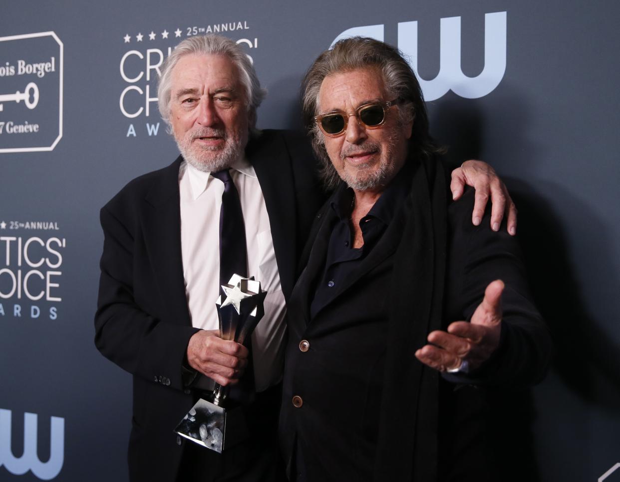 25th Critics Choice Awards – Photo Room – Santa Monica, California, U.S., January 12, 2020 - Robert De Niro and Al Pacino pose backstage with their Best Acting Ensemble award for 