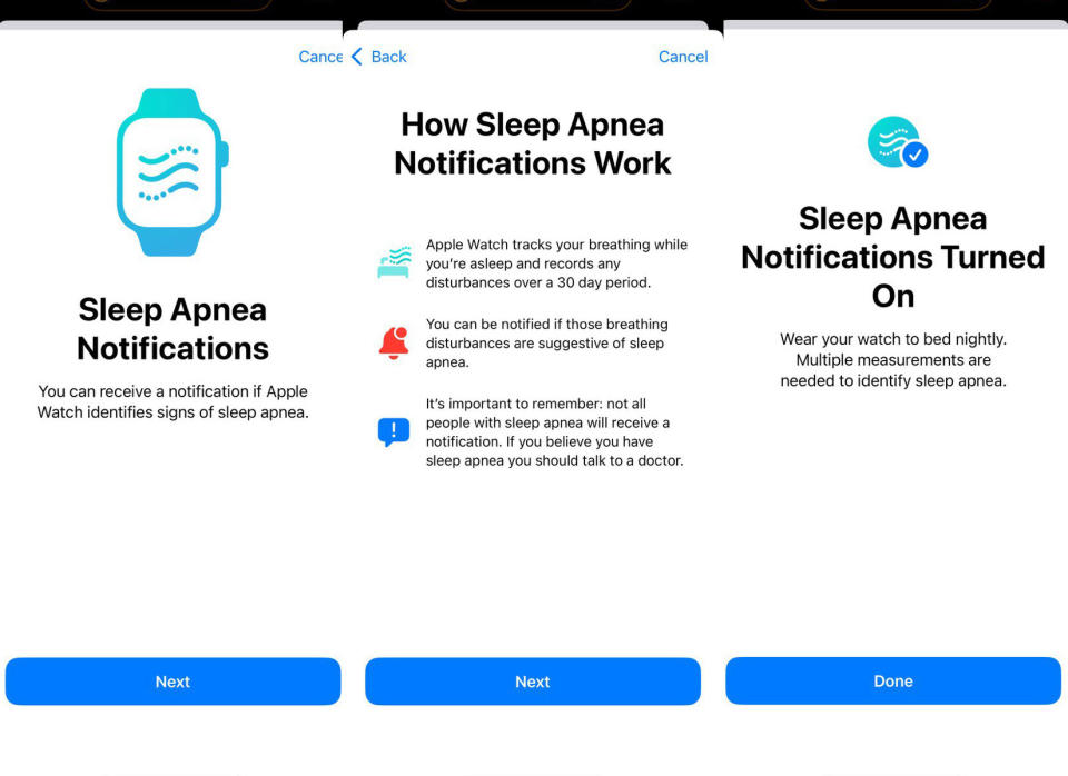 Three screenshots in a composite showing the setup process for Sleep Apnea notifications. 