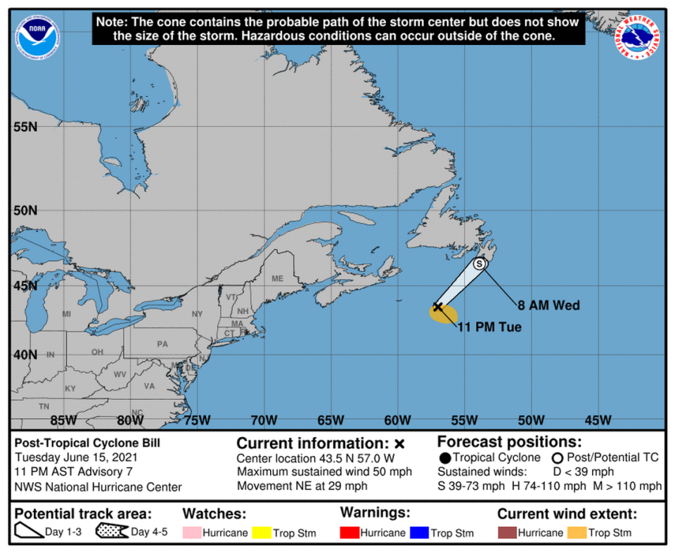 The National Hurricane Center said Tropical Storm Bill is on its way out, as of Tuesday evening.