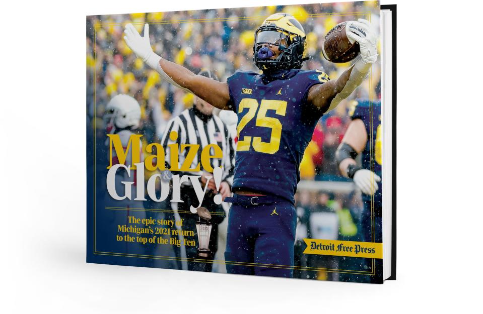 The cover to the Free Press' new commemorative book about Michigan football, "Maize & Glory! The Epic Story of Michigan's 2021 Return To The Top Of The Big Ten."