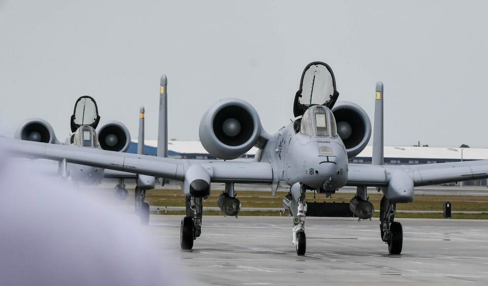 The U.S. Air Force A-10C Thunderbolt II Demonstration Team arrives at Melbourne Orlando International Airport on Wednesday, April 12, 2023.
