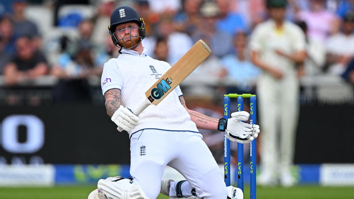  Ben Stokes of England takes evasive action during day three of the LV=Insurance Ashes 4th Test Match between England and Australia 