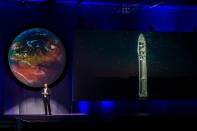 SpaceX chief Elon Musk reveals his plan for the “Interplanetary Transport System” to send the first human crew to Mars, as he addresses the 67th International Astronautical Congress in Mexico, on September 27, 2016