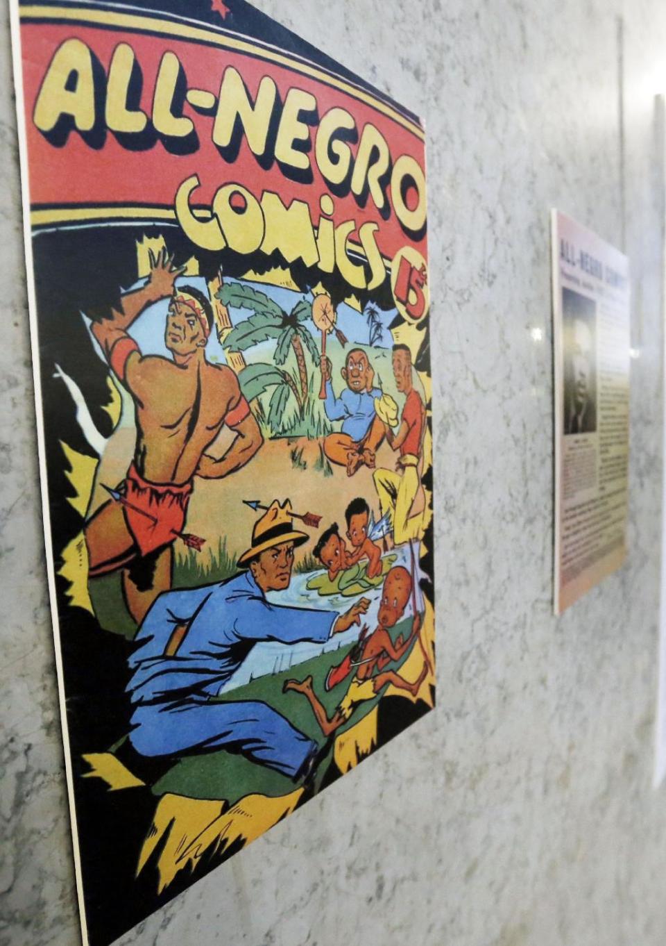 In this Wednesday, Feb. 5, 2014 photo, the single issue cover of “All-Negro Comics” published by Orrin Evans in 1947, is part of an exhibit on display at the City/County building in downtown Pittsburgh. The exhibit chronicles some early African American artists and a publisher who started to break the comic color barrier in the 1930s and 1940s. (AP Photo/Keith Srakocic) (AP Photo/Keith Srakocic)