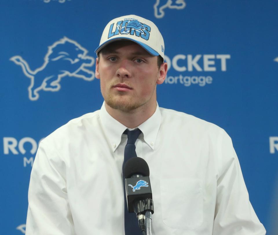 Detroit Lions first-round draft pick Jack Campbell from Iowa talks with reporters during the players' introductory news conference at team headquarters in Allen Park on Friday, April 28, 2023.