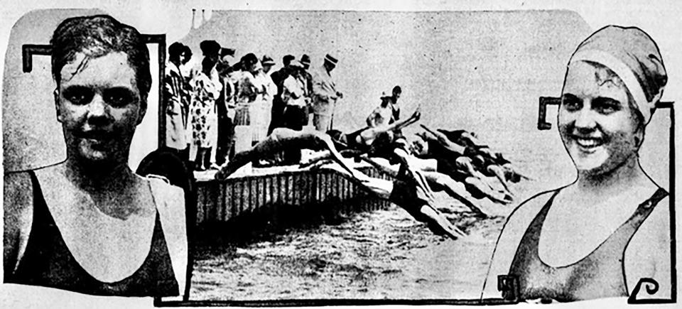 Jean Laux, left, defeated Edith Fehr, right, in a 1928 race across the Detroit River. Laux failed to finish the 1927 St. Clair Channel marathon, which Fehr won.