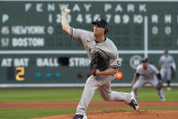 New York Yankees starting pitcher Gerrit Cole delivers to a Boston Red Sox batter during the first inning of a baseball game at Fenway Park, Friday, July 23, 2021, in Boston. (AP Photo/Elise Amendola)