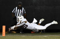 Stanford running back Austin Jones (20) dives for the goal line after running the ball against Vanderbilt in the first half of an NCAA college football game Saturday, Sept. 18, 2021, in Nashville, Tenn. The ball was placed at the 1-yard line. (AP Photo/Mark Zaleski)