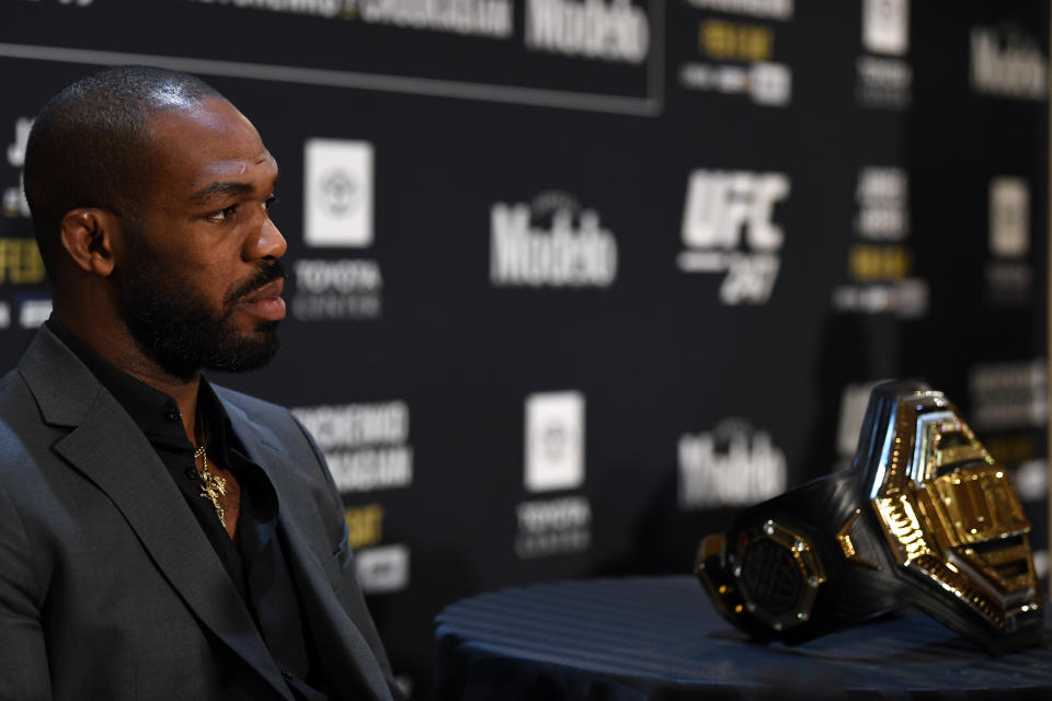 HOUSTON, TEXAS - FEBRUARY 06: Jon Jones interacts with media during the UFC 247 Ultimate Media Day at the Crowne Plaza Houston River Oaks on February 06, 2020 in Houston, Texas. (Photo by Josh Hedges/Zuffa LLC)