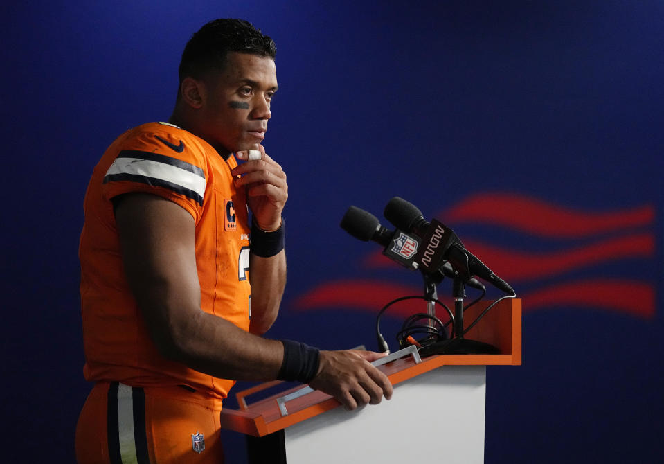 Denver Broncos quarterback Russell Wilson reacts during a news conference following an NFL football game against the New York Jets, Sunday, Oct. 8, 2023, in Denver. (AP Photo/Jack Dempsey)