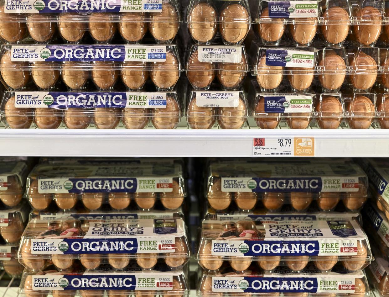 NEW YORK, UNITES STATES - JANUARY 21: Inreased prices of eggs are seen at egg shelves after the reduction in productivity brought on by poultry fatalities caused by various illnesses in New York, United States on January 21, 2023. The egg prices jumped by two to three times across the country, from 3 to 4 dollars per package to 9 to 11 dollars for organic eggs and from 2 to 3 dollars to 5 to 7 dollars for regular eggs. (Photo by Fatih Aktas/Anadolu Agency via Getty Images)