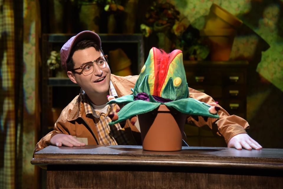 Sam Seferian plays Seymour Krelborn who discovers an unusual plant that turns out to be a maneater in the musical “Little Shop of Horrors” at Florida Studio Theatre.