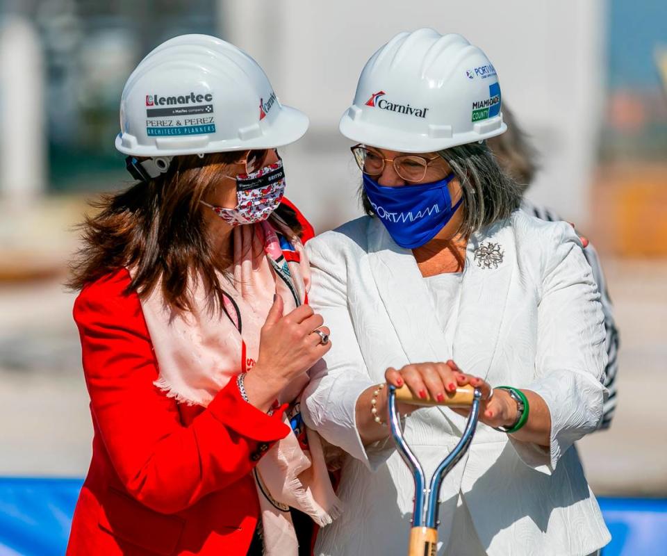 President of Carnival Cruise Line Christine Duffy, left, and Miami-Dade County Mayor Daniella Levine Cava attend a groundbreaking ceremony for Carnival Cruise Line’s Terminal F at PortMiami in Miami, Florida, on Friday, Jan. 29, 2021.