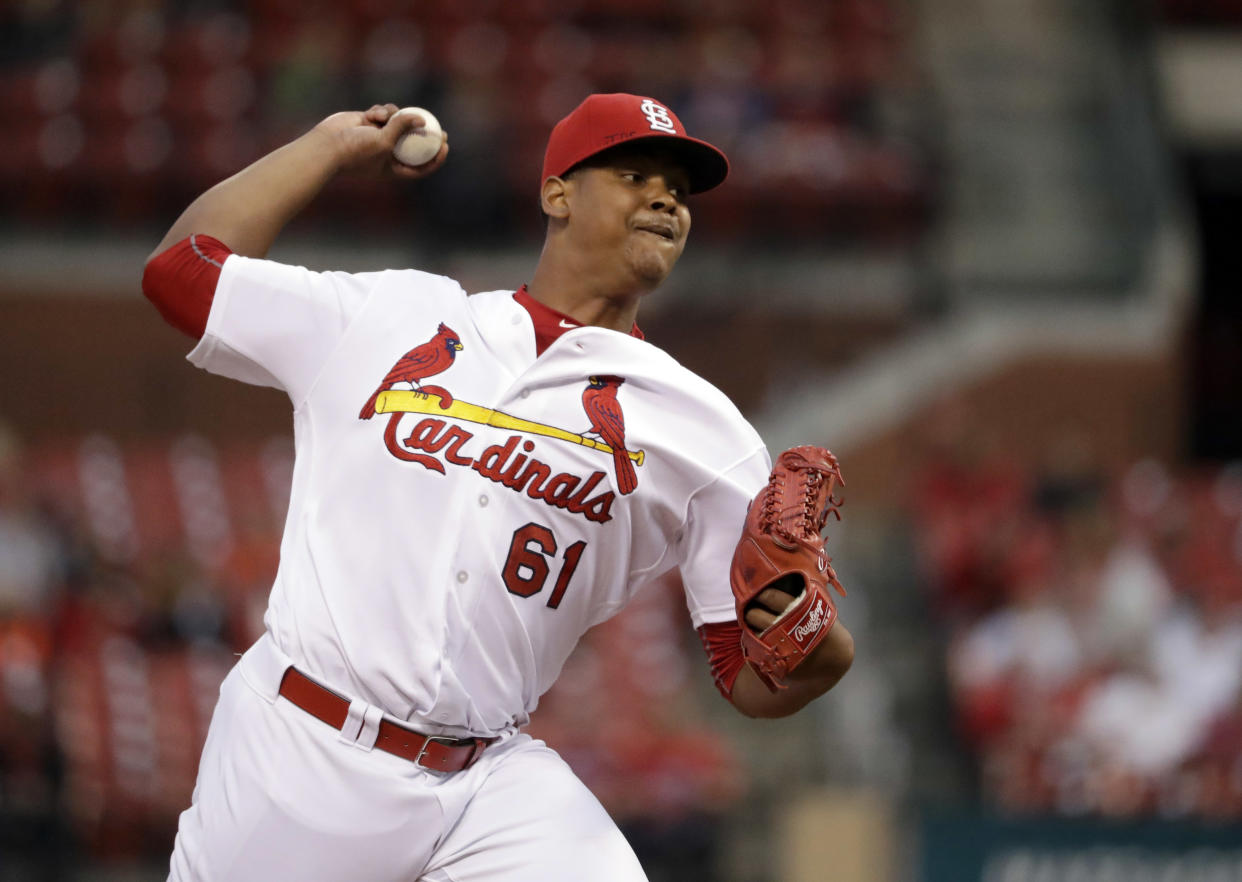 Alex Reyes struck out 13 straight batters in his final rehab start, setting a record and declaring that he’s definitely ready to rejoin the Cardinals rotation. (AP Photo/Jeff Roberson, File)