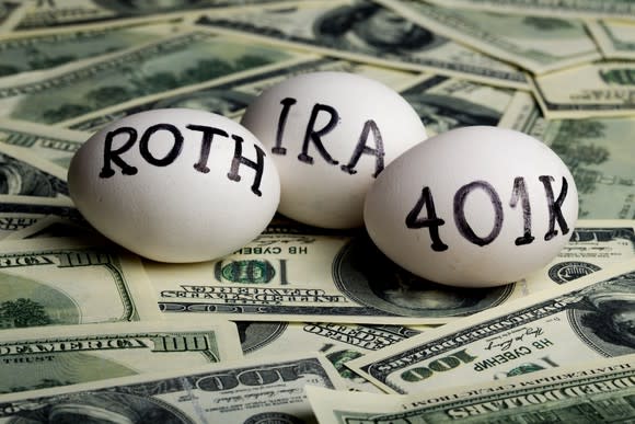 Three eggs with Roth, IRA, and 401K written on them, sitting atop lots of hundred dollar bills