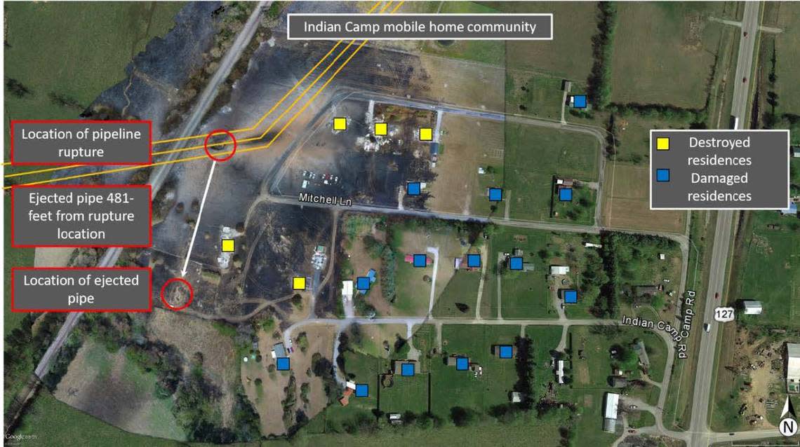 This image shows the location of homes destroyed or damaged when a natural gas pipeline exploded on Aug. 1, 2019 in Lincoln County, Ky.