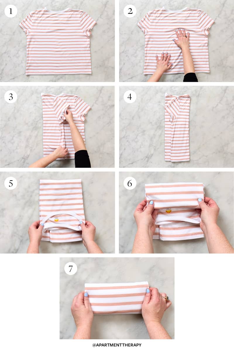 7 steps showing how to fold a shirt: konmari method
