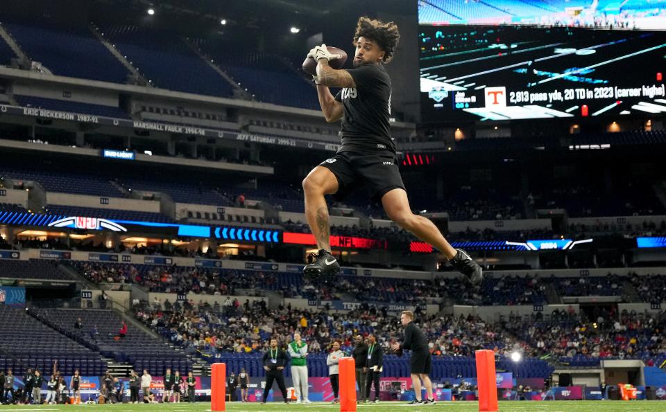 Oregon State wide receiver Anthony Gould during the 2024 NFL Combine at Lucas Oil Stadium March 2, 2024, in Indianapolis.